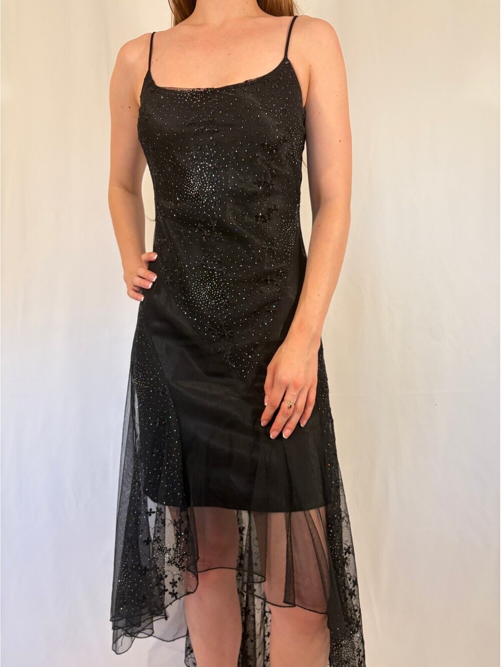 Sparkly Black Open Back Tie Overlay High Low Y2k Dress